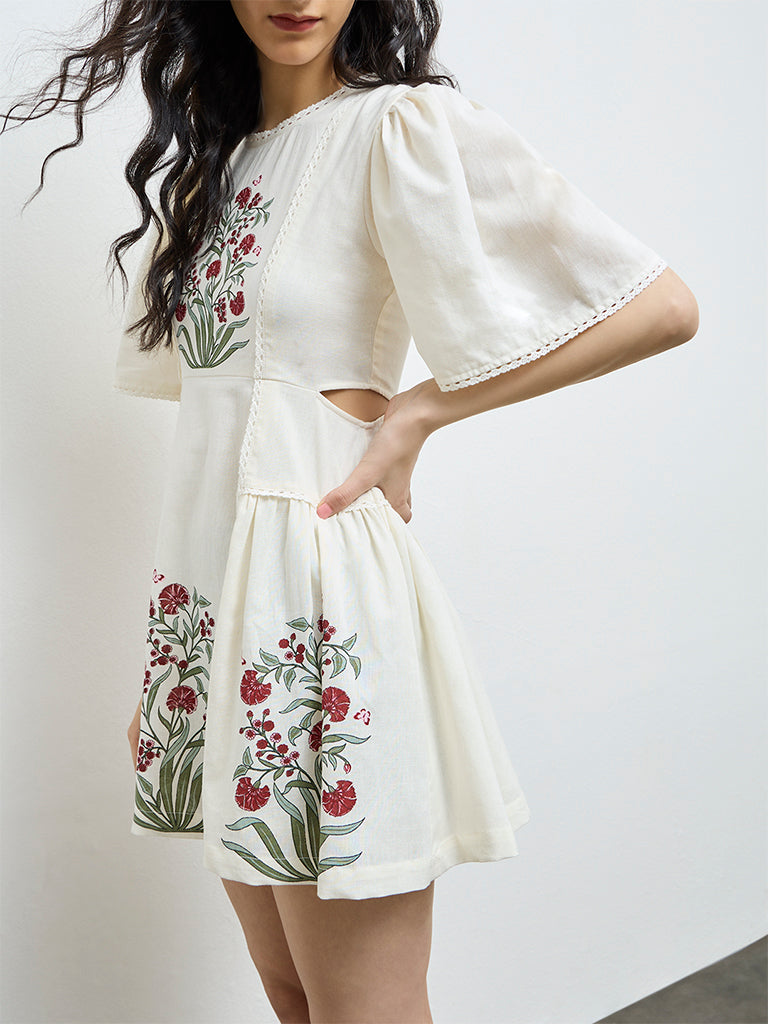 Bombay Paisley Off-White Floral Cotton-Blend A-Line Dress