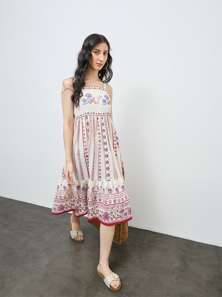 Bombay Paisley Off-White Embroidered Cotton A-Line Dress