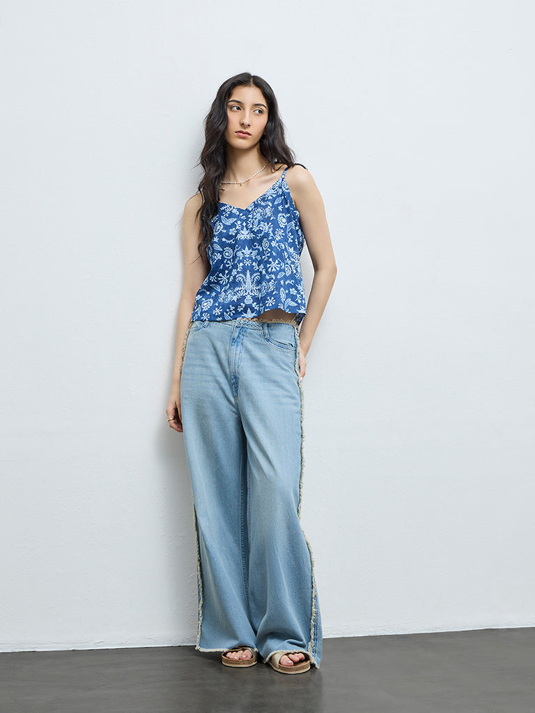 Bombay Paisley Blue Botanical Printed Cotton Top