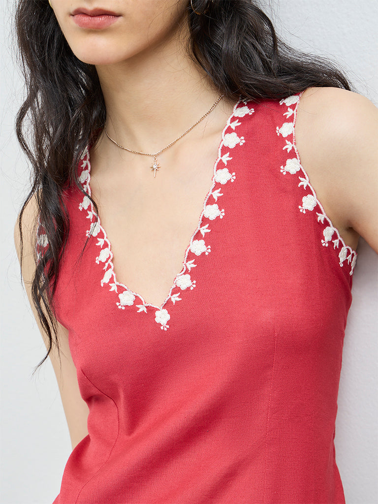 Bombay Paisley Red Floral Embroidered Cotton-Blend Top