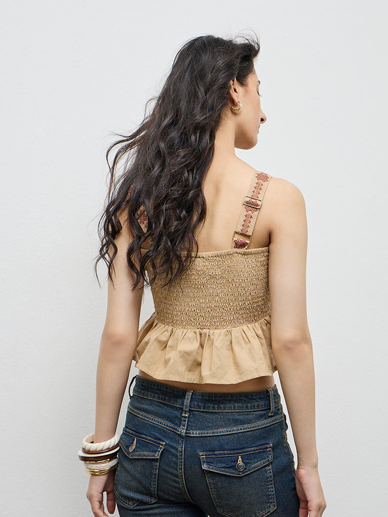 Buy Bombay Paisley Brown Embroidered Cotton-Blend Peplum Top from