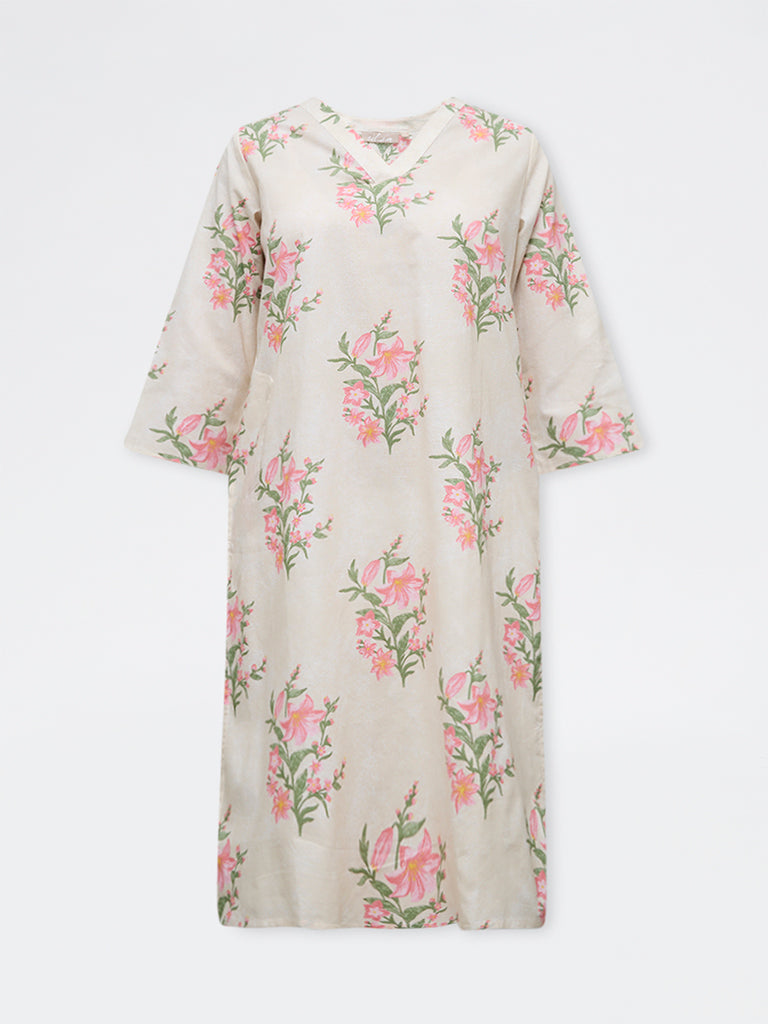 Utsa Pink Floral Printed Cotton Straight Kurta