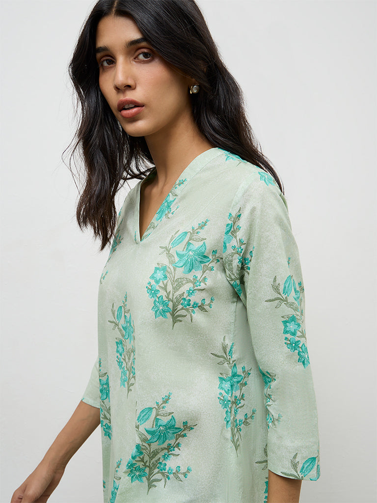 Utsa Mint Floral Printed Cotton Straight Kurta