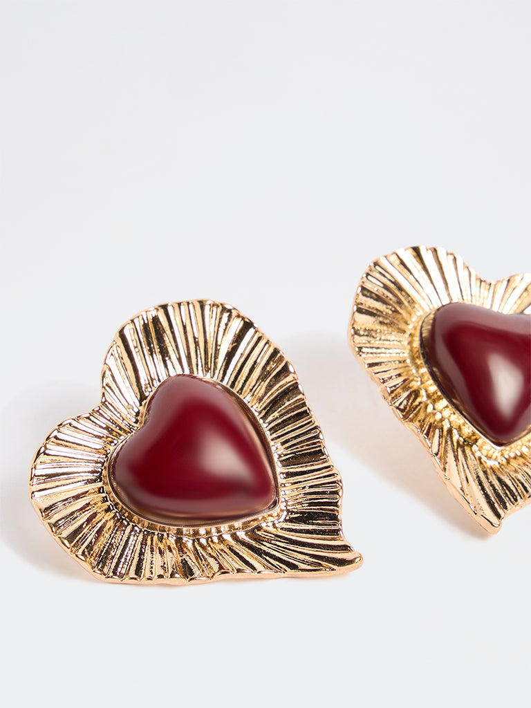 Westside Accessories Gold and Plum Statement Resin Heart Earrings