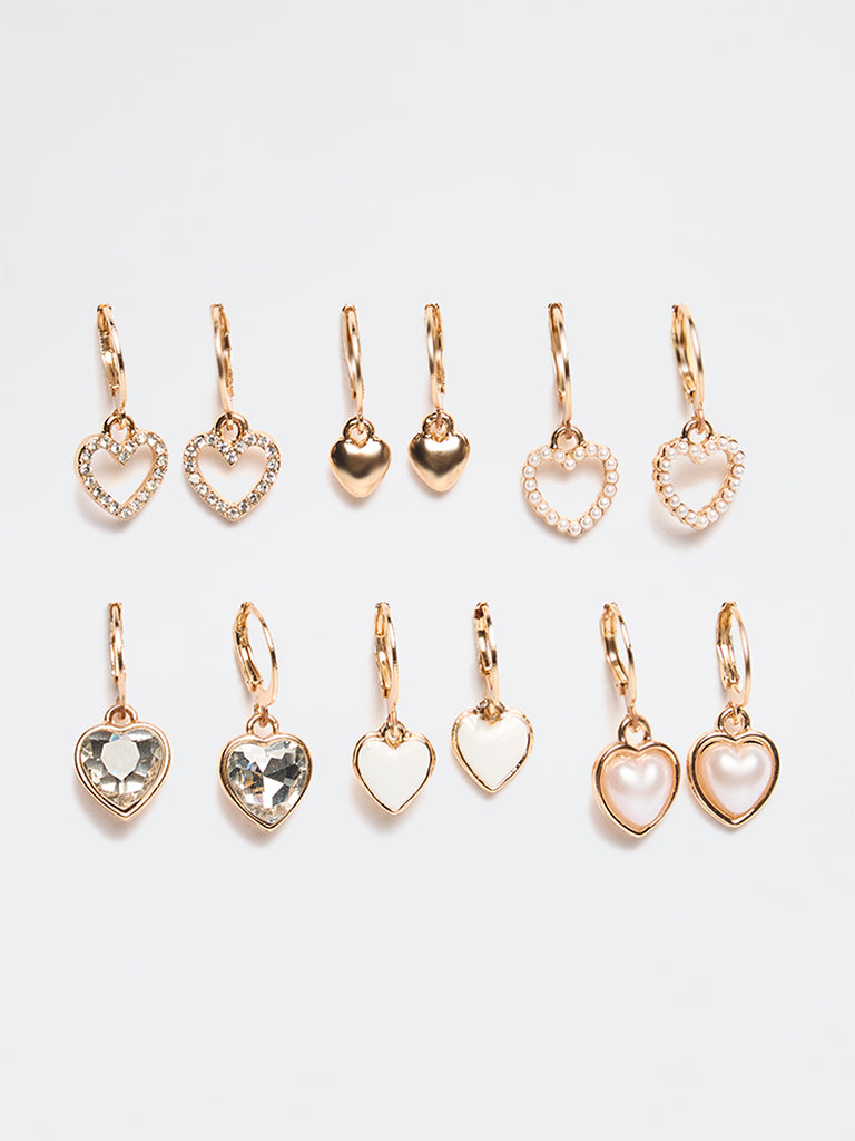 Westside Accessories Gold and White Assorted Heart Earrings - Pack of 6