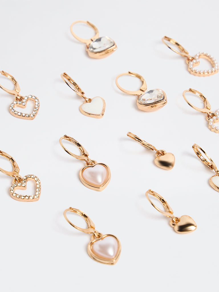 Westside Accessories Gold and White Assorted Heart Earrings - Pack of 6