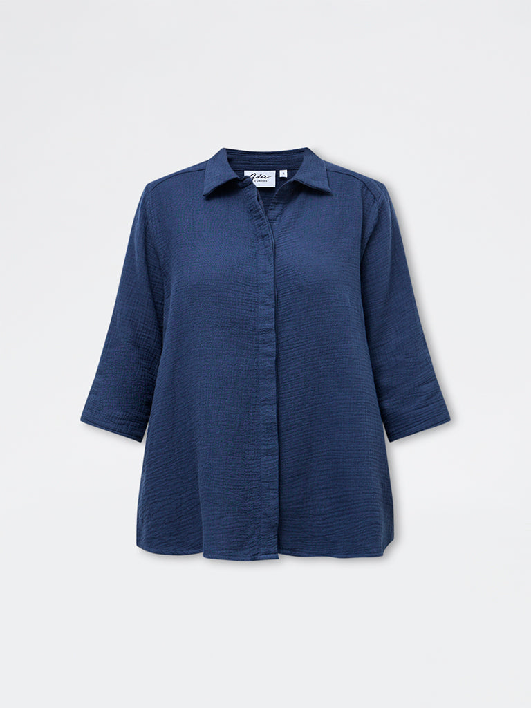 Gia Navy Crinkle-Textured Cotton Blouse
