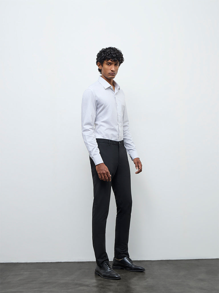 WES Formals Black Solid Ultra Slim Fit Mid-Rise Trousers