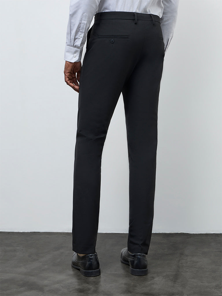 WES Formals Black Solid Ultra Slim Fit Mid-Rise Trousers