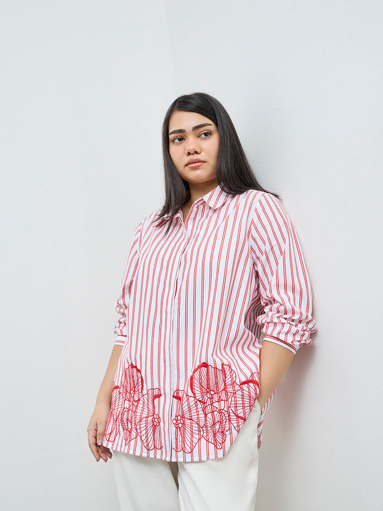 Gia Red Striped Printed Cotton Shirt