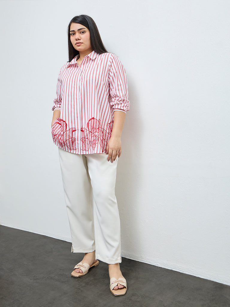 Gia Red Striped Printed Cotton Shirt