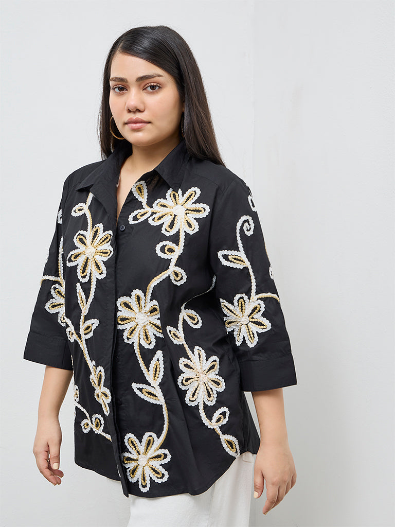 Gia Black Floral Embroidered Cotton Shirt