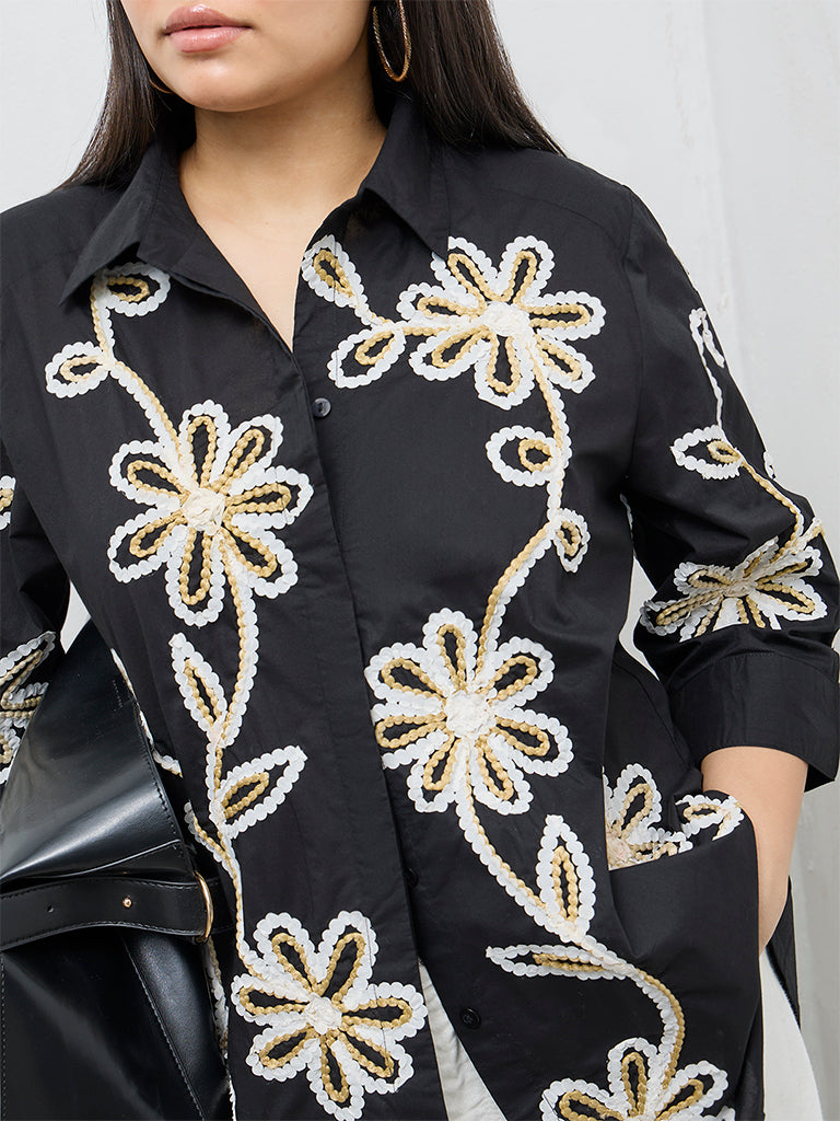 Gia Black Floral Embroidered Cotton Shirt