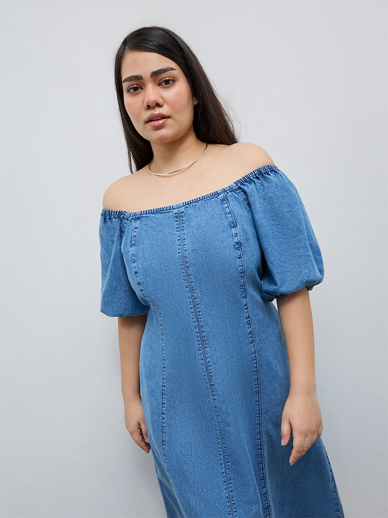 off the shoulder jean dress Buy Gia Blue Off-Shoulder Denim A-Line Dress from Westside