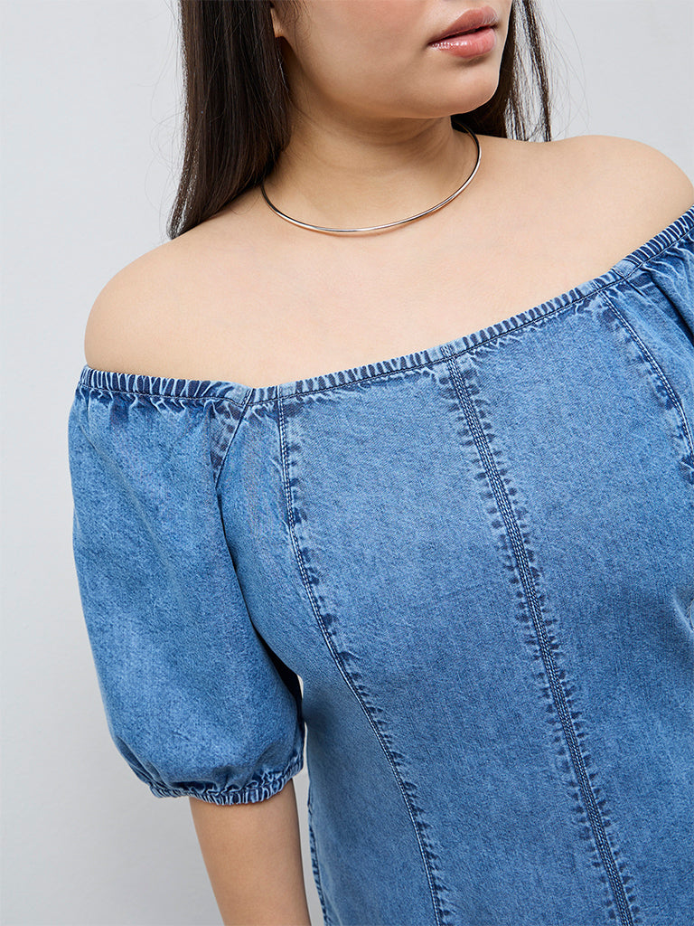 Buy Gia Blue Off-Shoulder Denim A-Line Dress from Westside