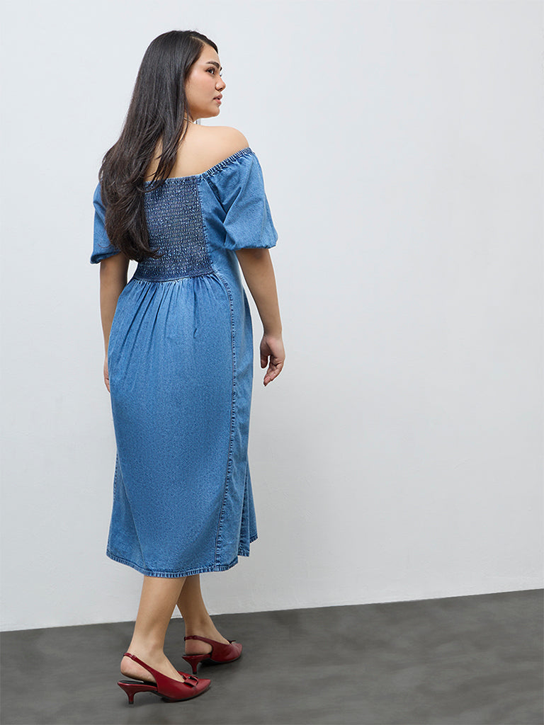 Buy Gia Blue Off-Shoulder Denim A-Line Dress from Westside