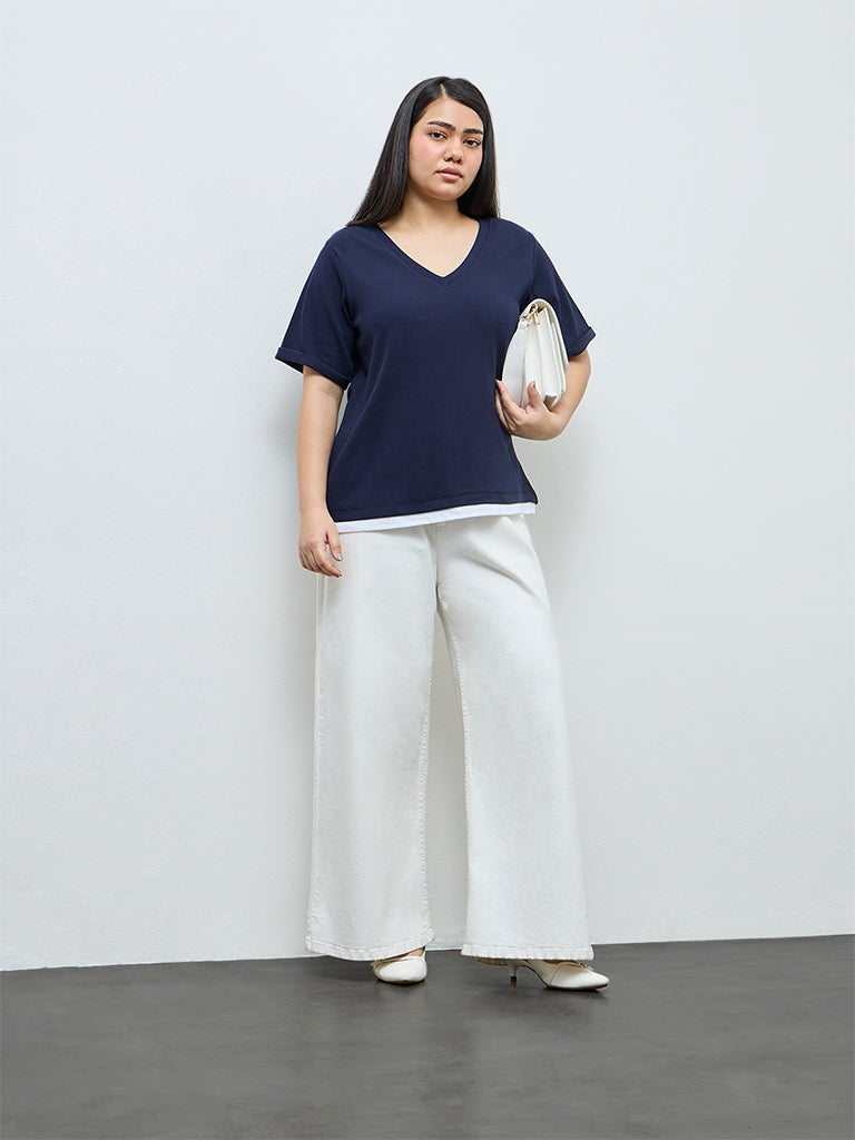 Gia Navy Textured Cotton-Blend T-Shirt