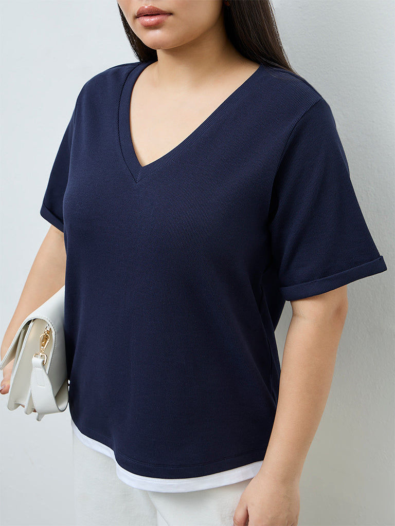 Gia Navy Textured Cotton-Blend T-Shirt