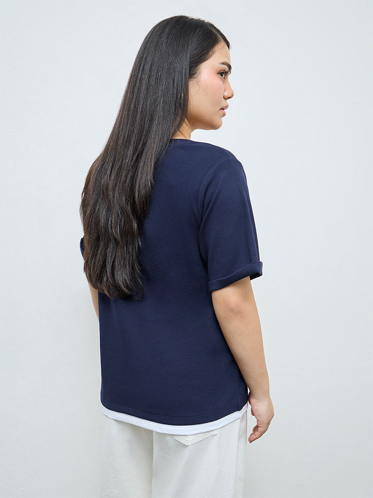 Gia Navy Textured Cotton-Blend T-Shirt