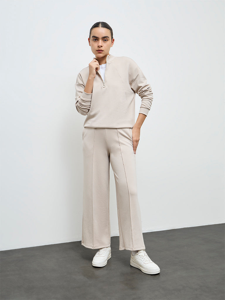 Nuoflexx Beige Solid Quarter-Zip Sweatshirt