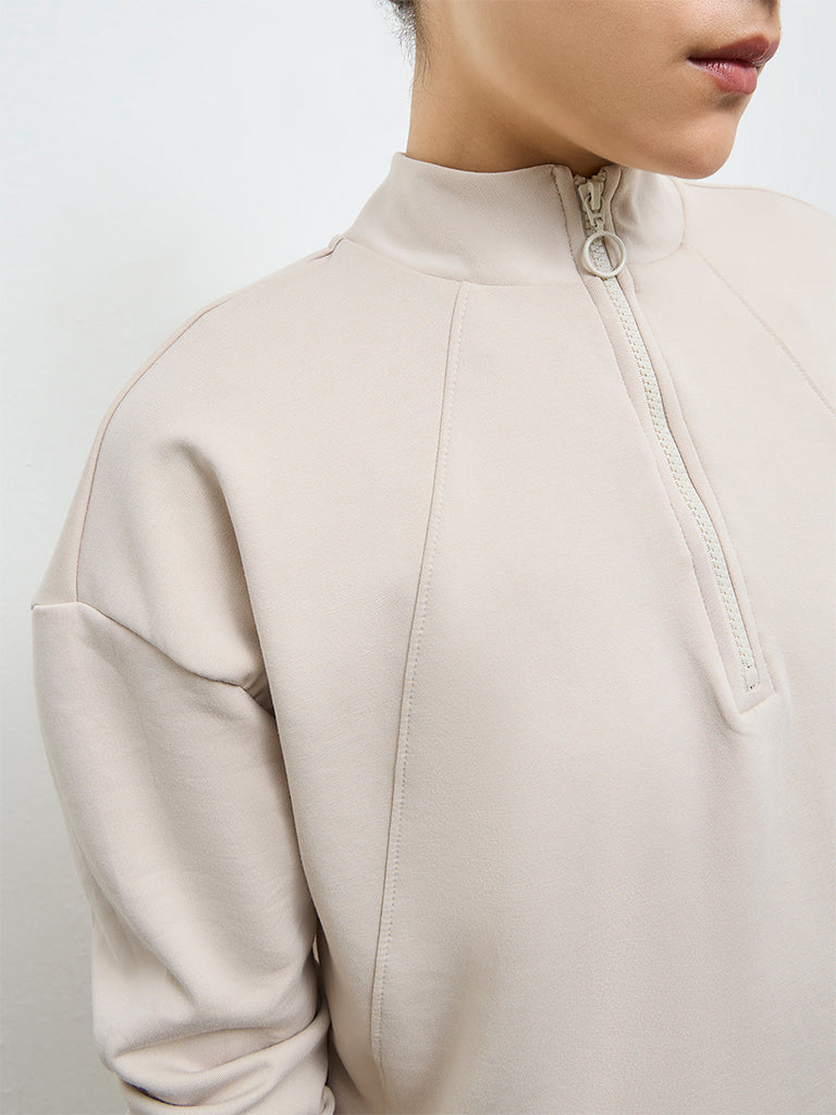 Nuoflexx Beige Solid Quarter-Zip Sweatshirt