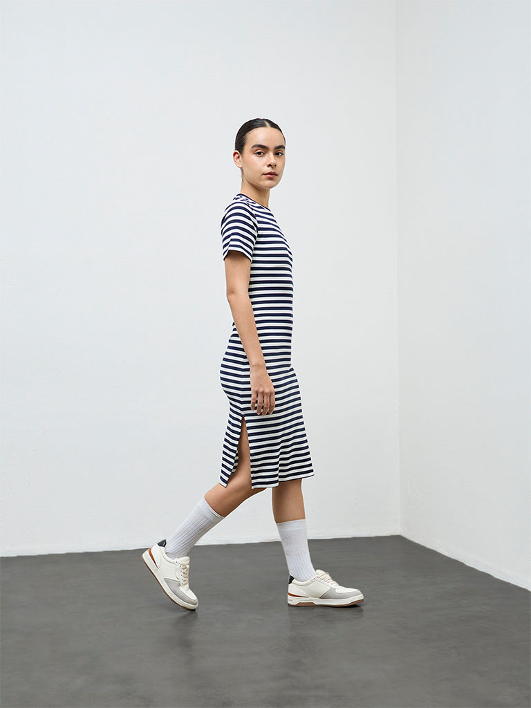Nuoflexx Navy Striped Cotton-Blend Straight Dress
