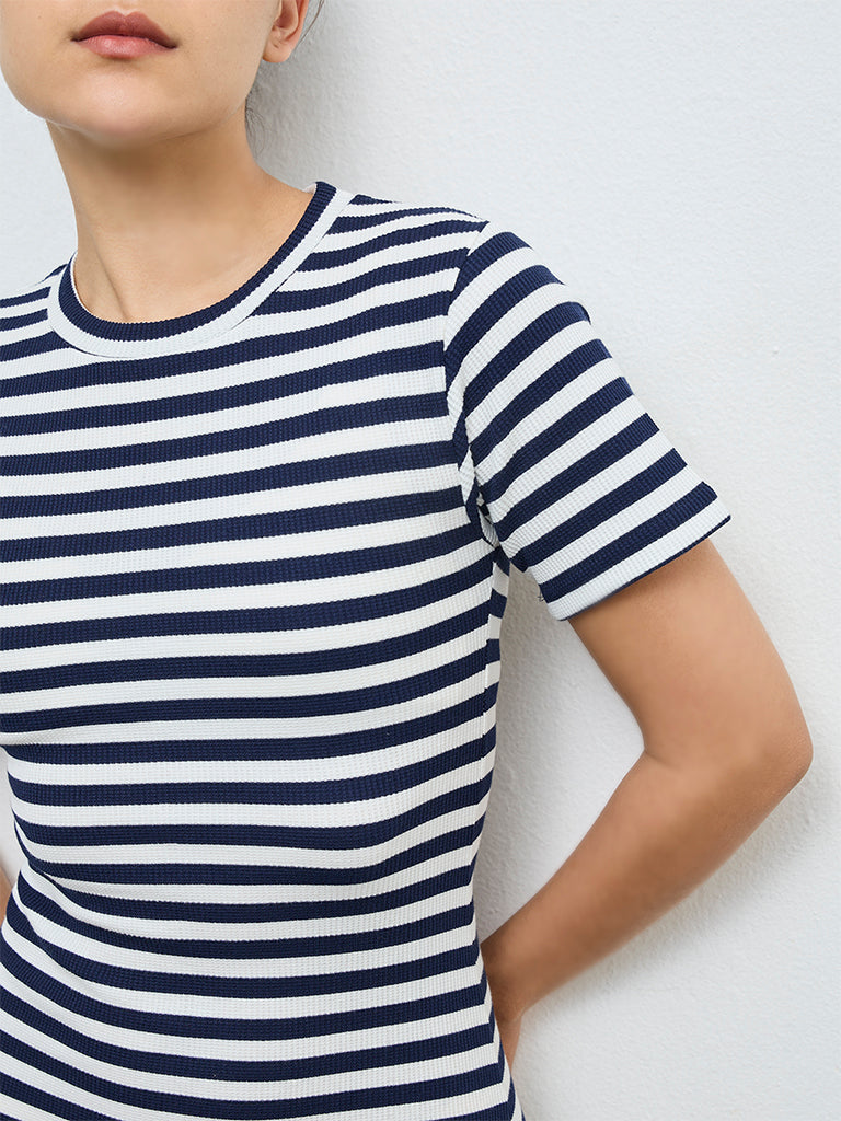 Nuoflexx Navy Striped Cotton-Blend Straight Dress
