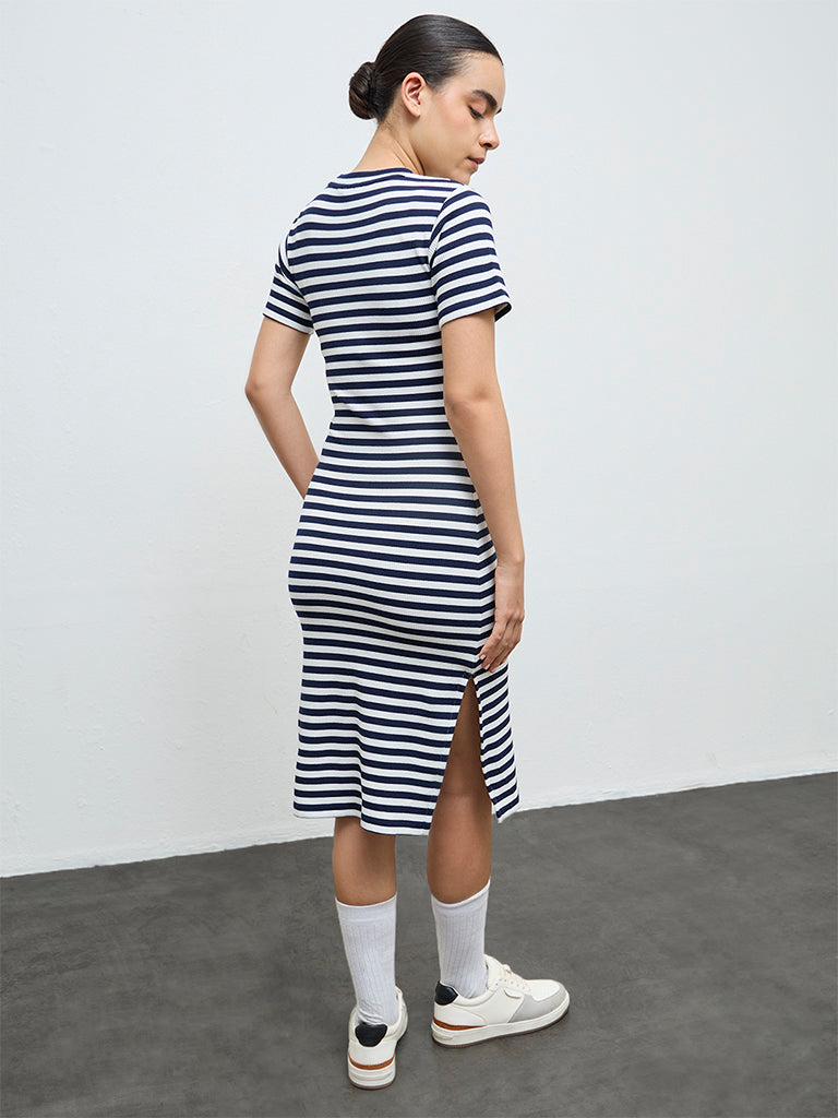 Nuoflexx Navy Striped Cotton-Blend Straight Dress