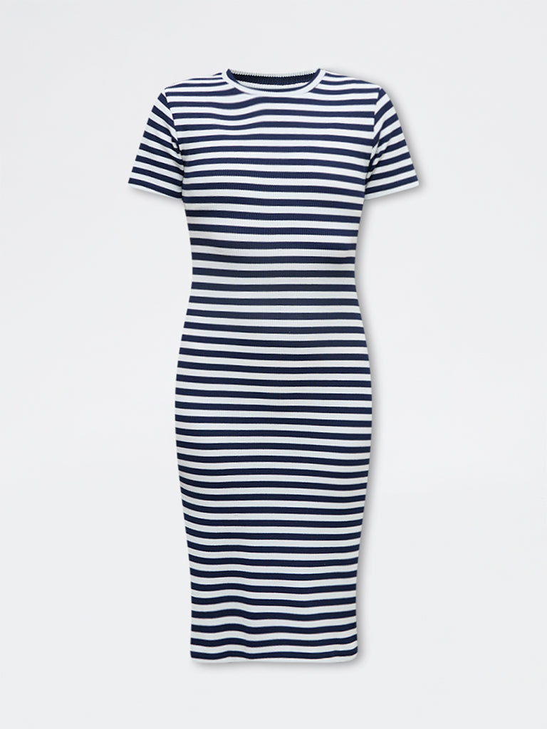 Buy Nuoflexx Navy Striped Cotton-Blend Straight Dress from Westside Buy Nuoflexx Navy Striped Cotton-Blend Straight Dress from Westside
