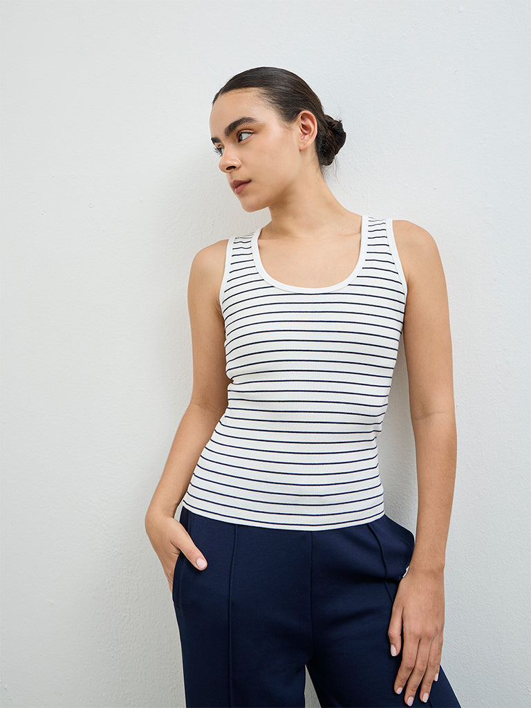 Nuoflexx White Striped Cotton-Blend Tank Top