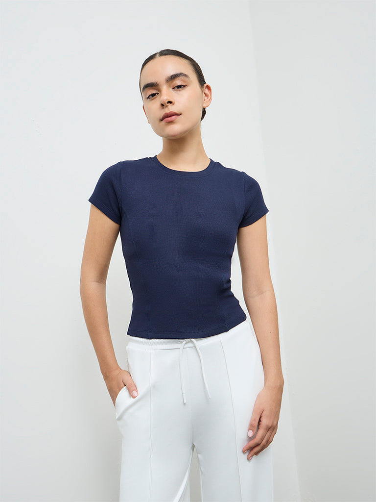 Nuoflexx Navy Ribbed-Textured Cotton-Blend T-Shirt
