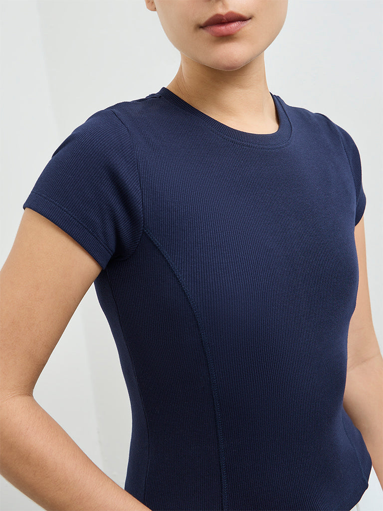 Nuoflexx Navy Ribbed-Textured Cotton-Blend T-Shirt