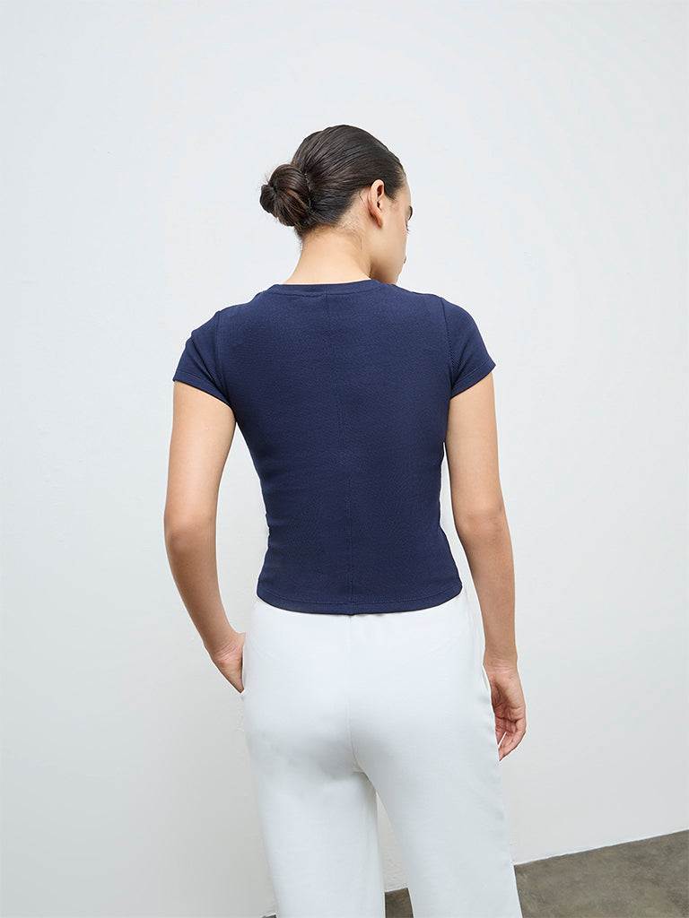 Nuoflexx Navy Ribbed-Textured Cotton-Blend T-Shirt