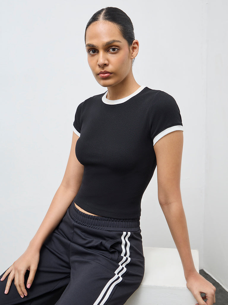 Nuoflexx Black Ribbed Cotton-Blend T-Shirt