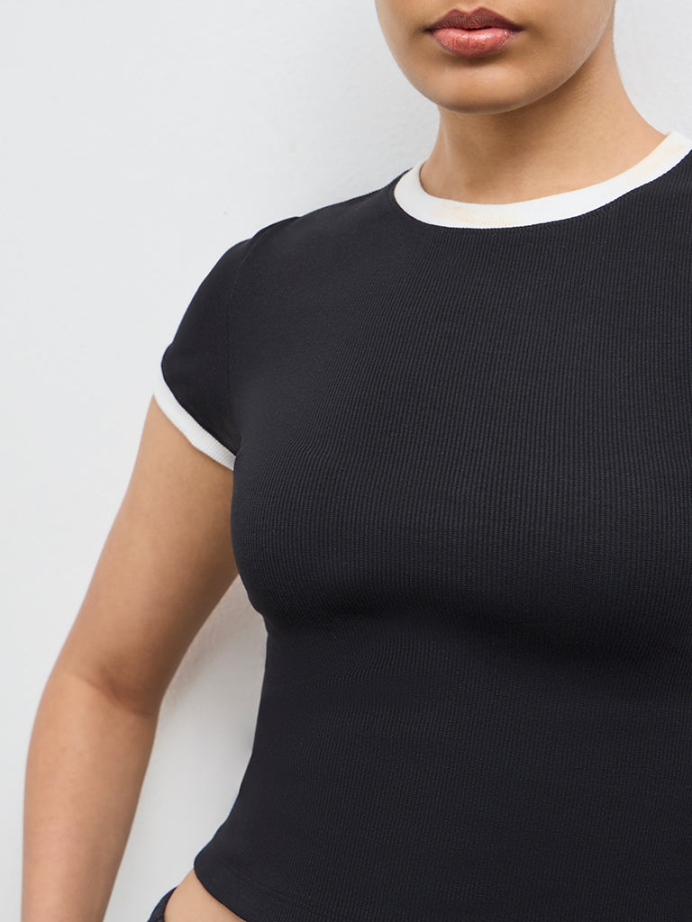 Nuoflexx Black Ribbed Cotton-Blend T-Shirt