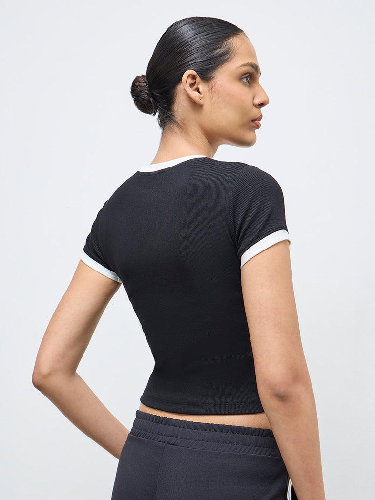 Nuoflexx Black Ribbed Cotton-Blend T-Shirt