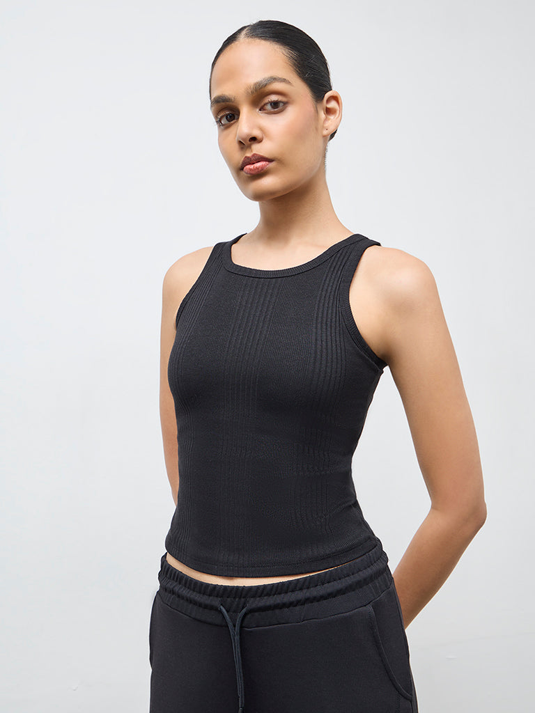 Nuoflexx Black Self-Striped Cotton-Blend Tank Top