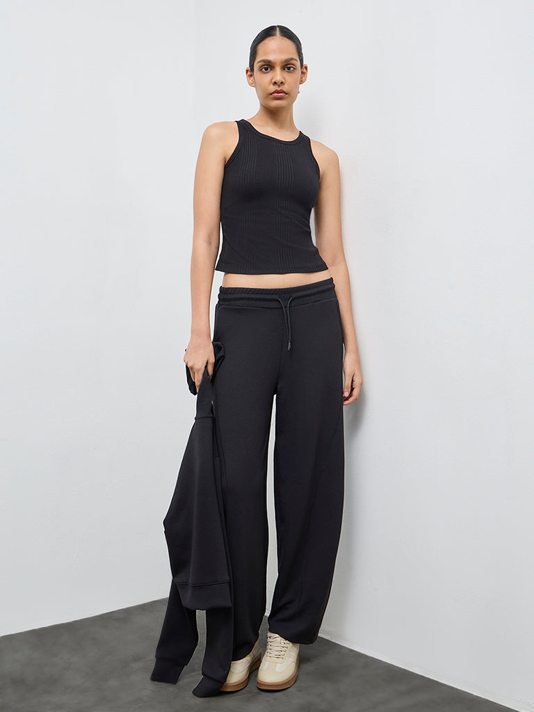 Nuoflexx Black Self-Striped Cotton-Blend Tank Top