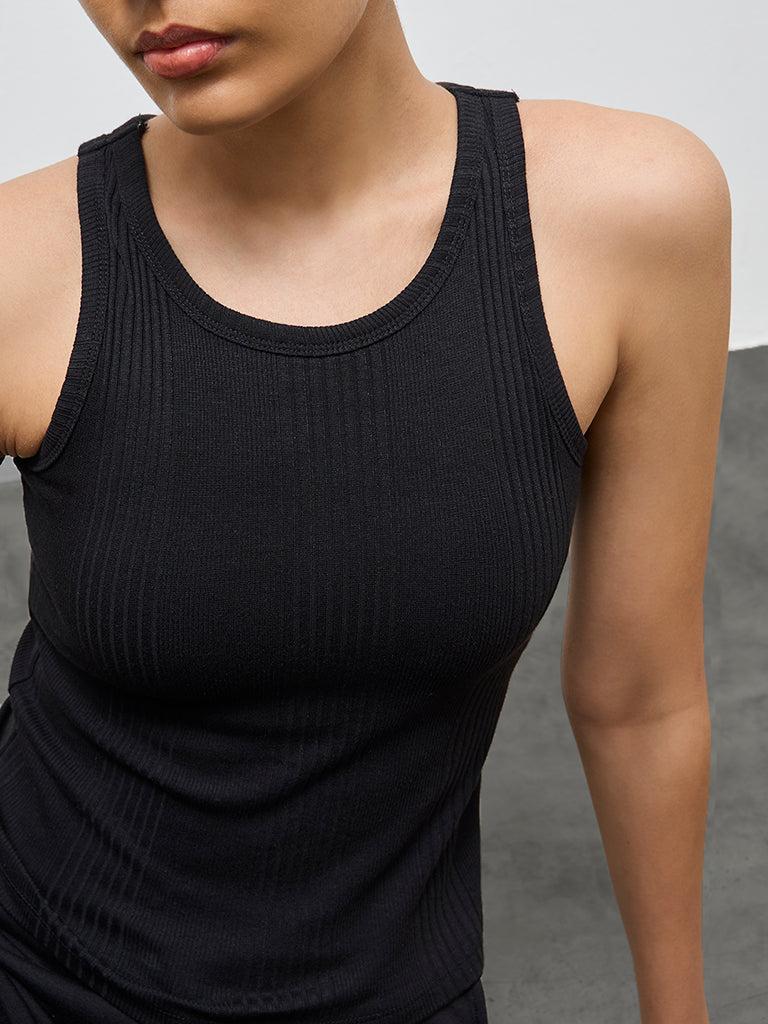 Buy Nuoflexx Black Self-Striped Cotton-Blend Tank Top from Westside