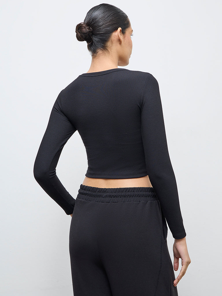 Nuoflexx Black Ribbed Cotton-Blend Top