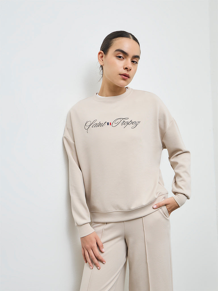 Nuoflexx Beige Text Detail Sweatshirt