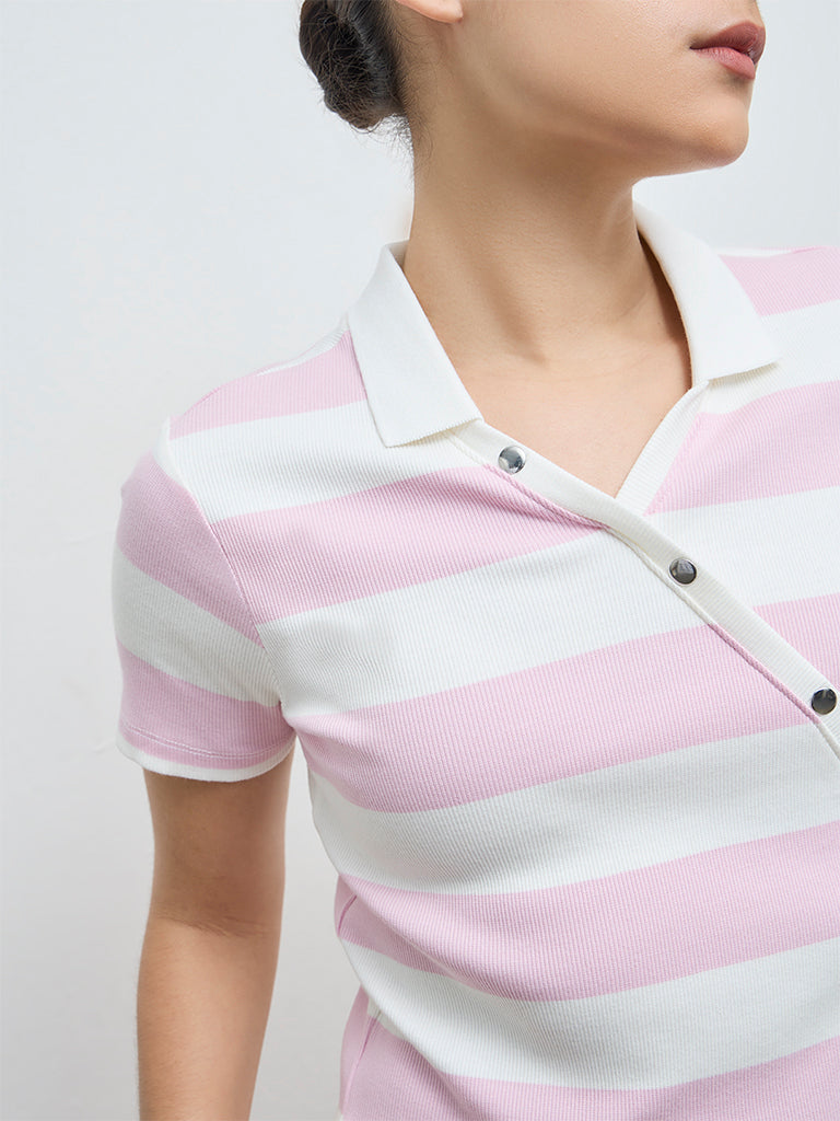 Nuoflexx Light Pink Striped Cotton-Blend Top