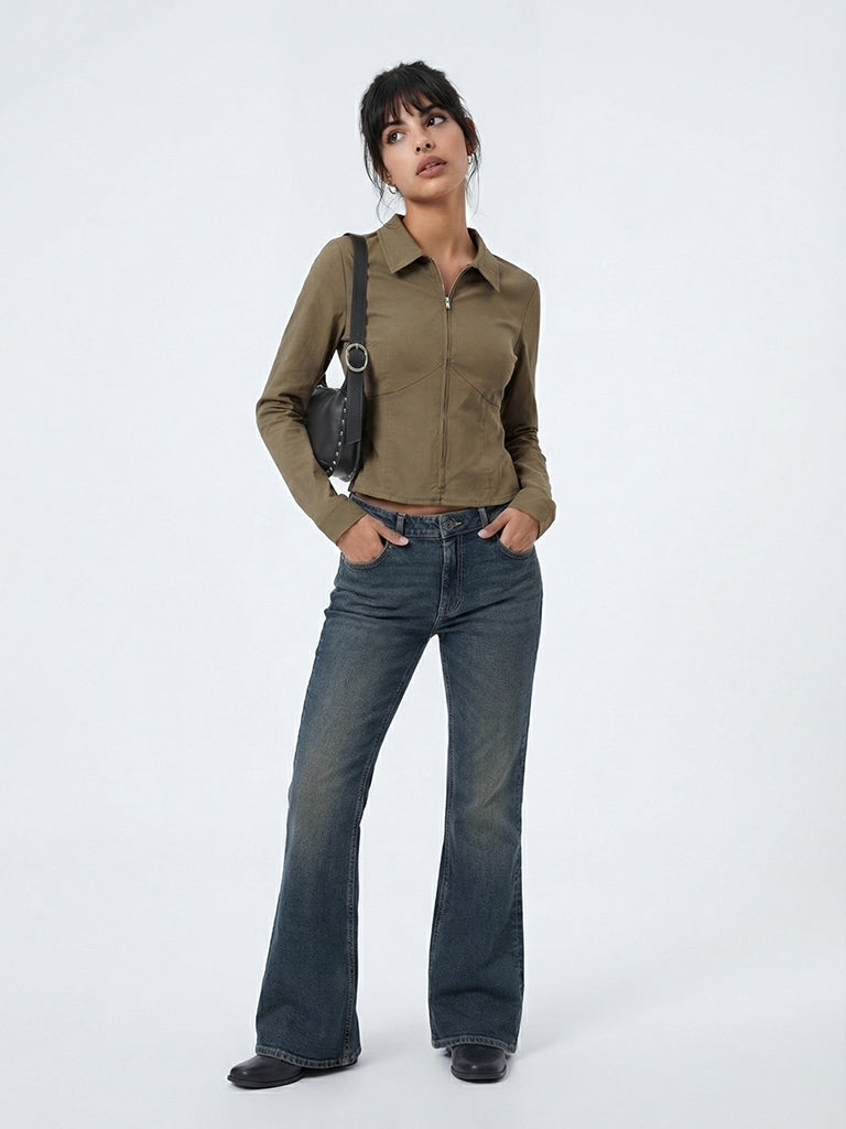 Nuon Olive Zip-Front Shirt