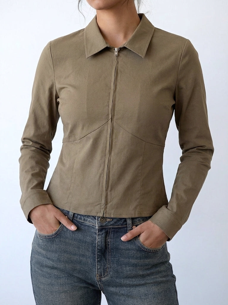 Nuon Olive Zip-Front Shirt