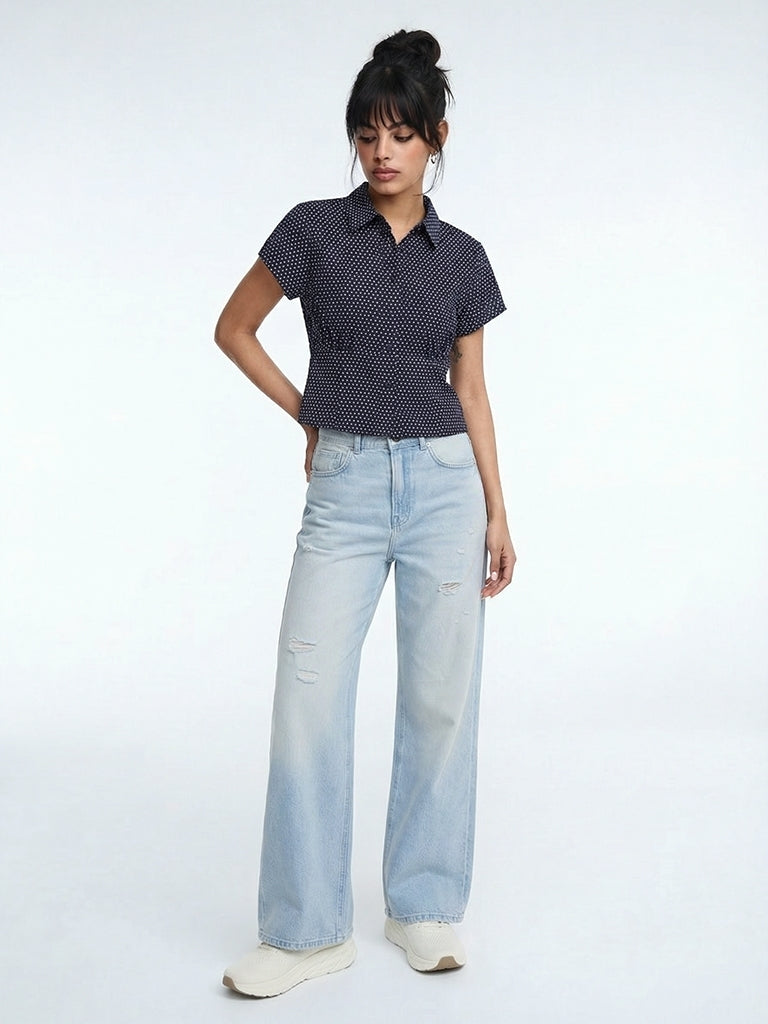 Nuon Navy Cotton Relaxed Top