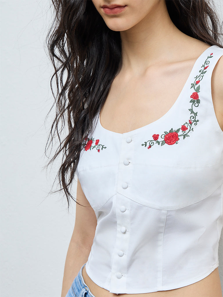 Nuon White Floral Embroidered Cotton Top