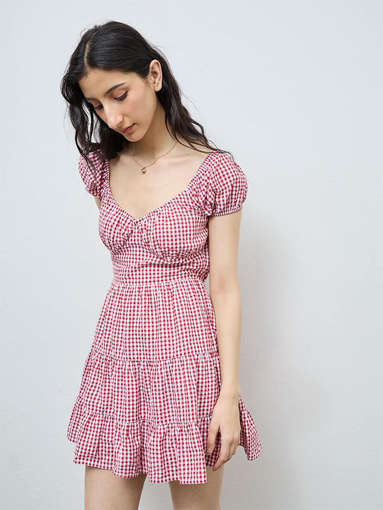 Nuon Red Gingham Checkered Cotton Tiered Dress