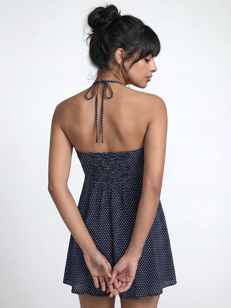 Noun Navy Polka Dot Halter-Neck A-Line Dress