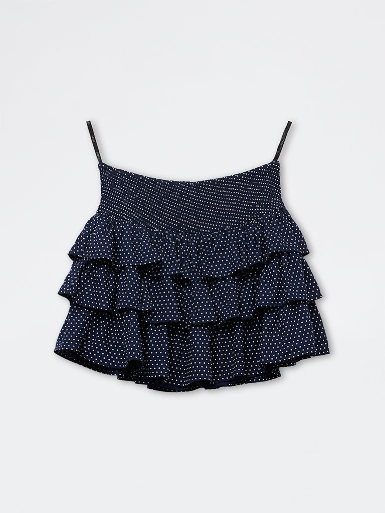 Nuon Navy Polka Dot Smocked Tiered Skirt