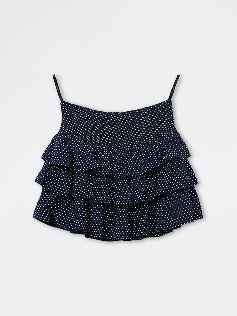 Nuon Navy Polka Dot Smocked Tiered Skirt